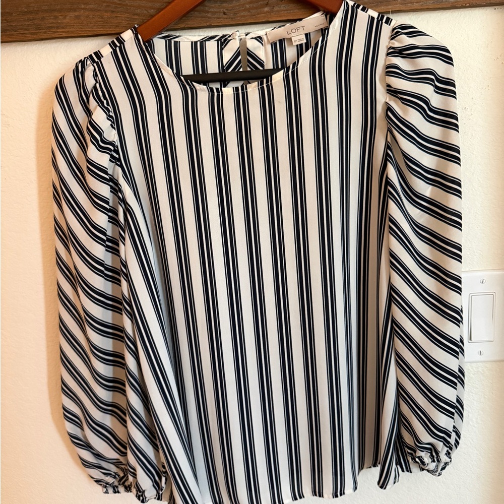 LOFT White Blouse with Black Vertical Stripes and Puff Sleeves